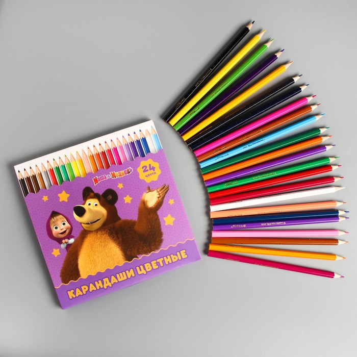 Карандаши цветные Маша и Медведь 24 цвета, заточенные, шестигранные, картонная упаковка