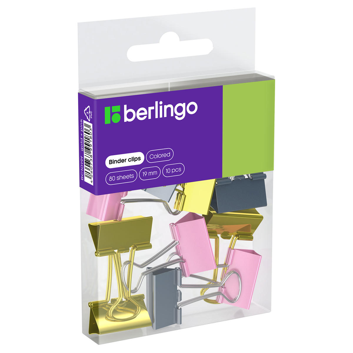 

Зажимы для бумаг 19мм, Berlingo, 10шт., цветные, ПВХ упак., европодвес, розовый+золотой