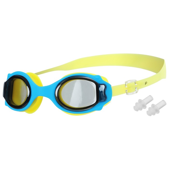 Очки для плавания ONLYTOP детские, с берушами, желтые с голубой оправой (2500)