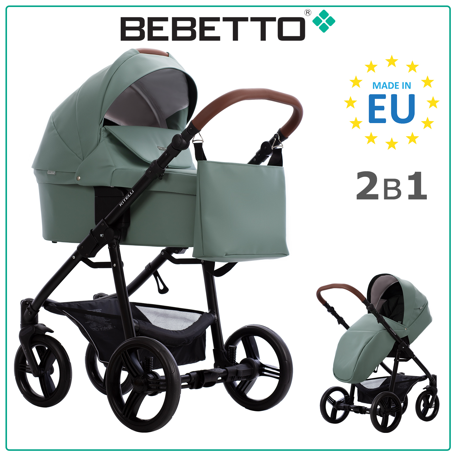 Детская коляска 2 в 1 Bebetto Kitelli PRO 07, серо-мятная экокожа, рама черная