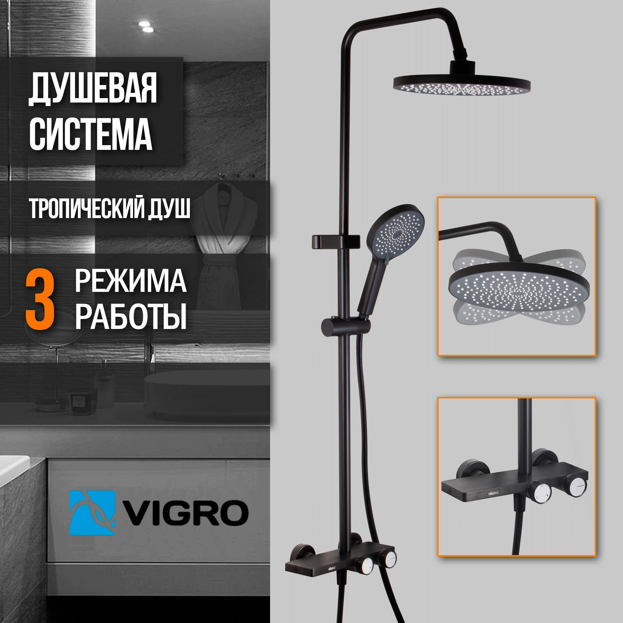 Душевая система с тропическим душем и смесителем VIGRO VG2503-7 черная 15291₽