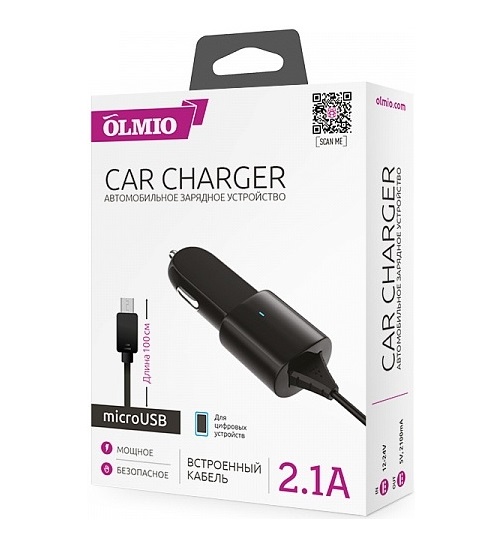 Автомобильное зарядное устройство OLMIO кабель MicroUSB 21A Черный 525₽