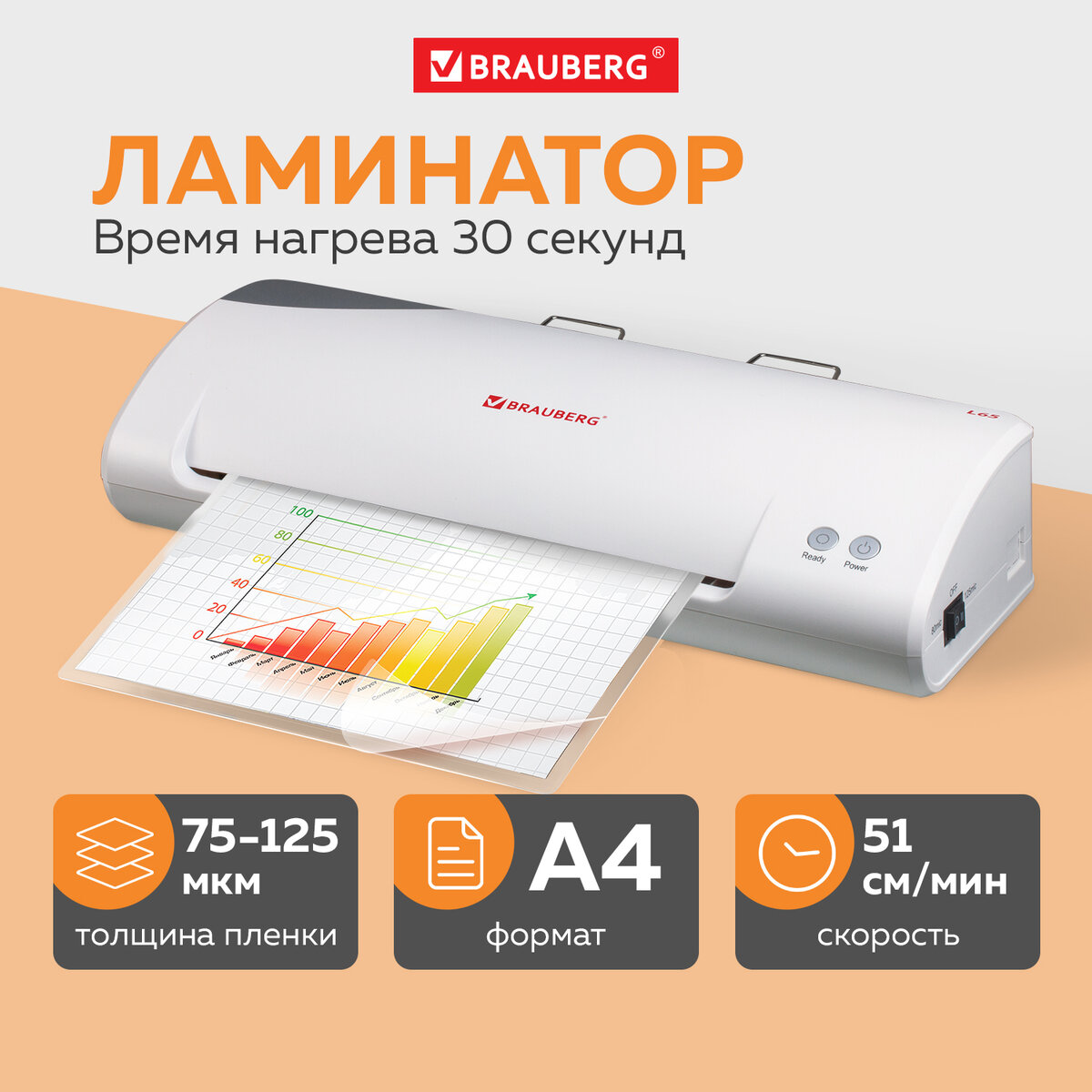 Ламинатор "Brauberg L65", А4, горячие валы, толщина пленки (1 сторона) 75-125 мкм белый