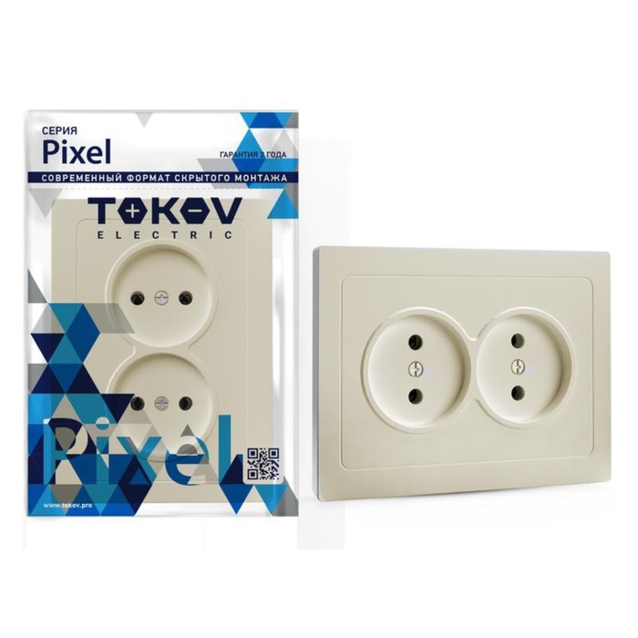 Розетка TOKOV ELECTRIC, Pixel, 2-м, в сборе, 16А, IP20, без з/к, бежевый