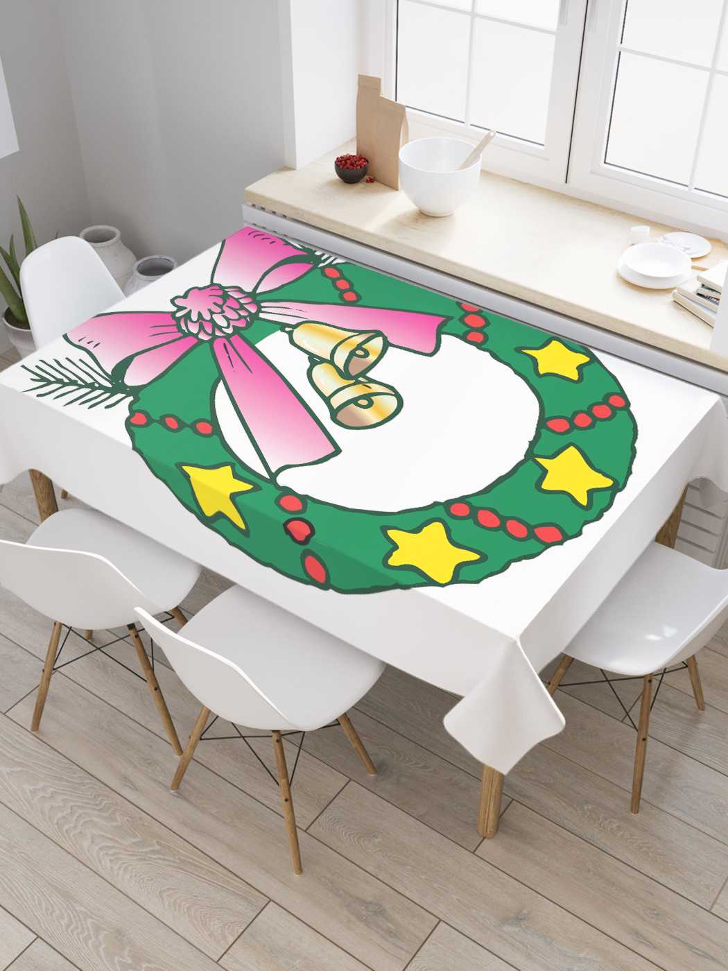 

Скатерть прямоугольная JoyArty "Праздничный обруч" из сатена, 120x145 см, Белый, Праздничный обруч