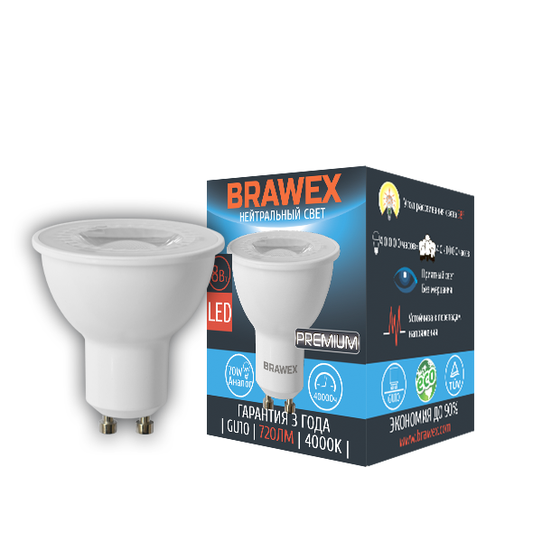 

Упаковка светодиодных ламп Brawex GU10 8W 4000K угол рассеивания 38° GU10-38-8N
