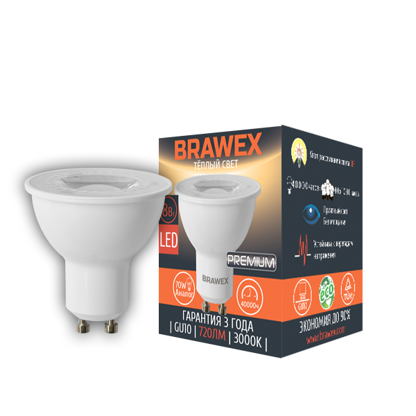 

Упаковка светодиодных ламп Brawex GU10 8W 3000K угол рассеивания 38° GU10-38-8L
