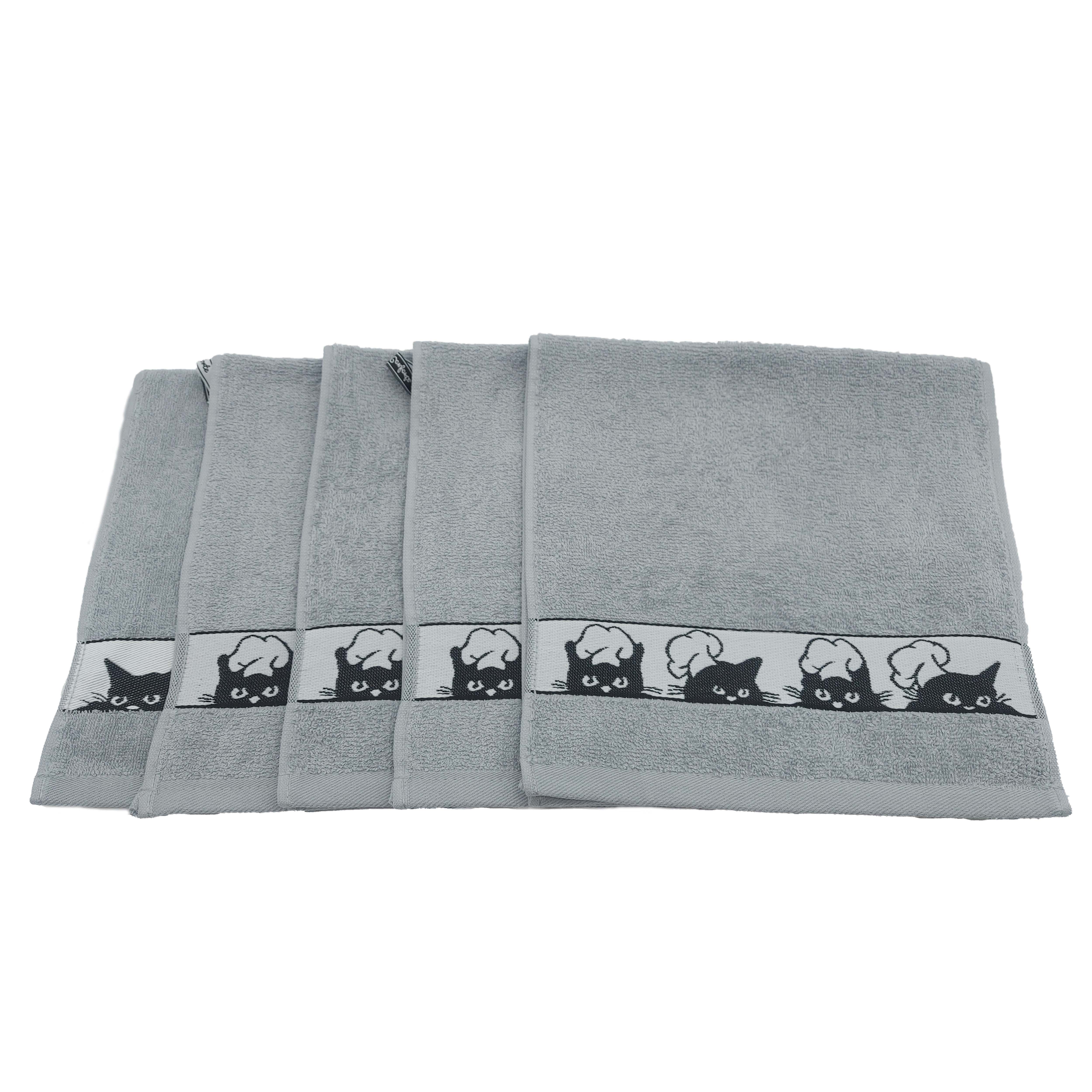Набор кухонных махровых полотенец Коты поварята светло-серый, размер 30*60см, в наборе 5шт