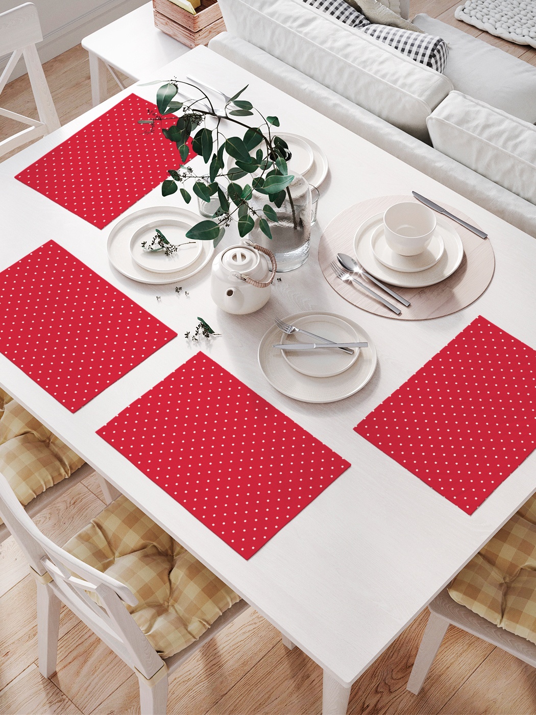 фото Комплект салфеток для сервировки стола «белый горошек на красном фоне» (32х46 см, 4 шт.) joyarty