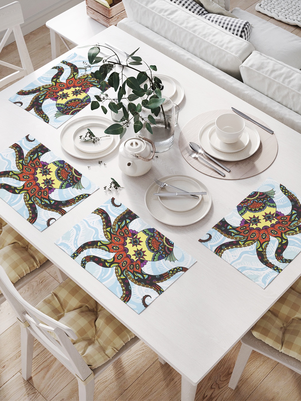 

Комплект салфеток для сервировки стола «Духовный осьминог» (32х46 см, 4 шт.), Голубой;синий;белый