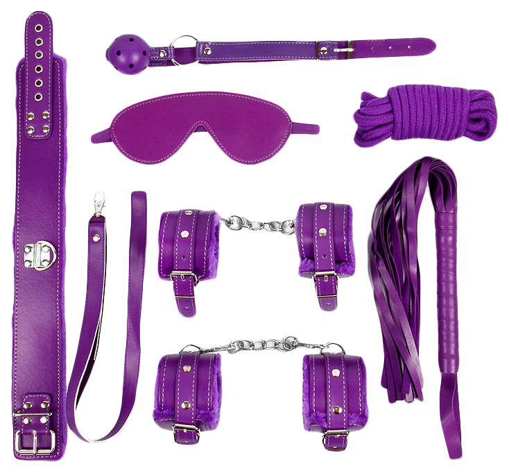 фото Набор бдсм в фиолетовом цвете маска кляп плетка ошейник наручники оковы веревка bior toys