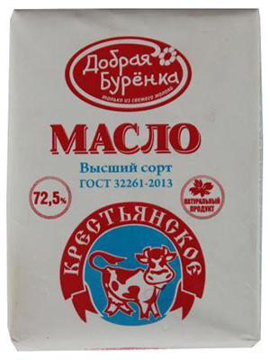 

Сладкосливочное масло Добрая Буренка Крестьянское 72,5% БЗМЖ 180 г
