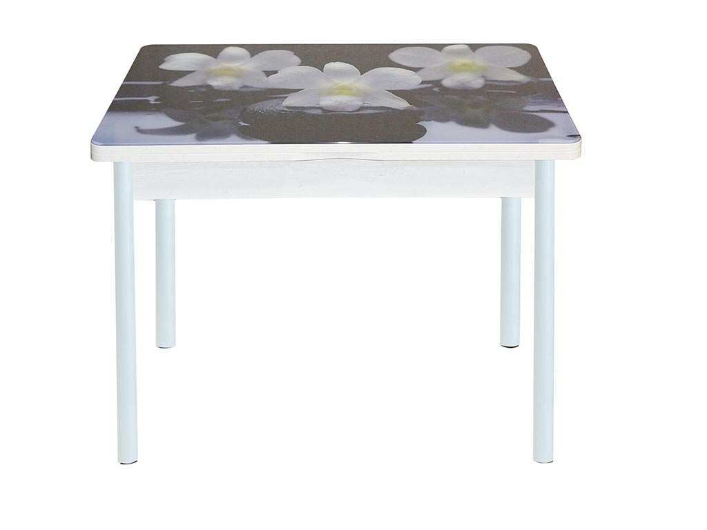 

Симпл фотопечать стол обеденный раскладной / орхидея на черных камнях/бетон белый/белый