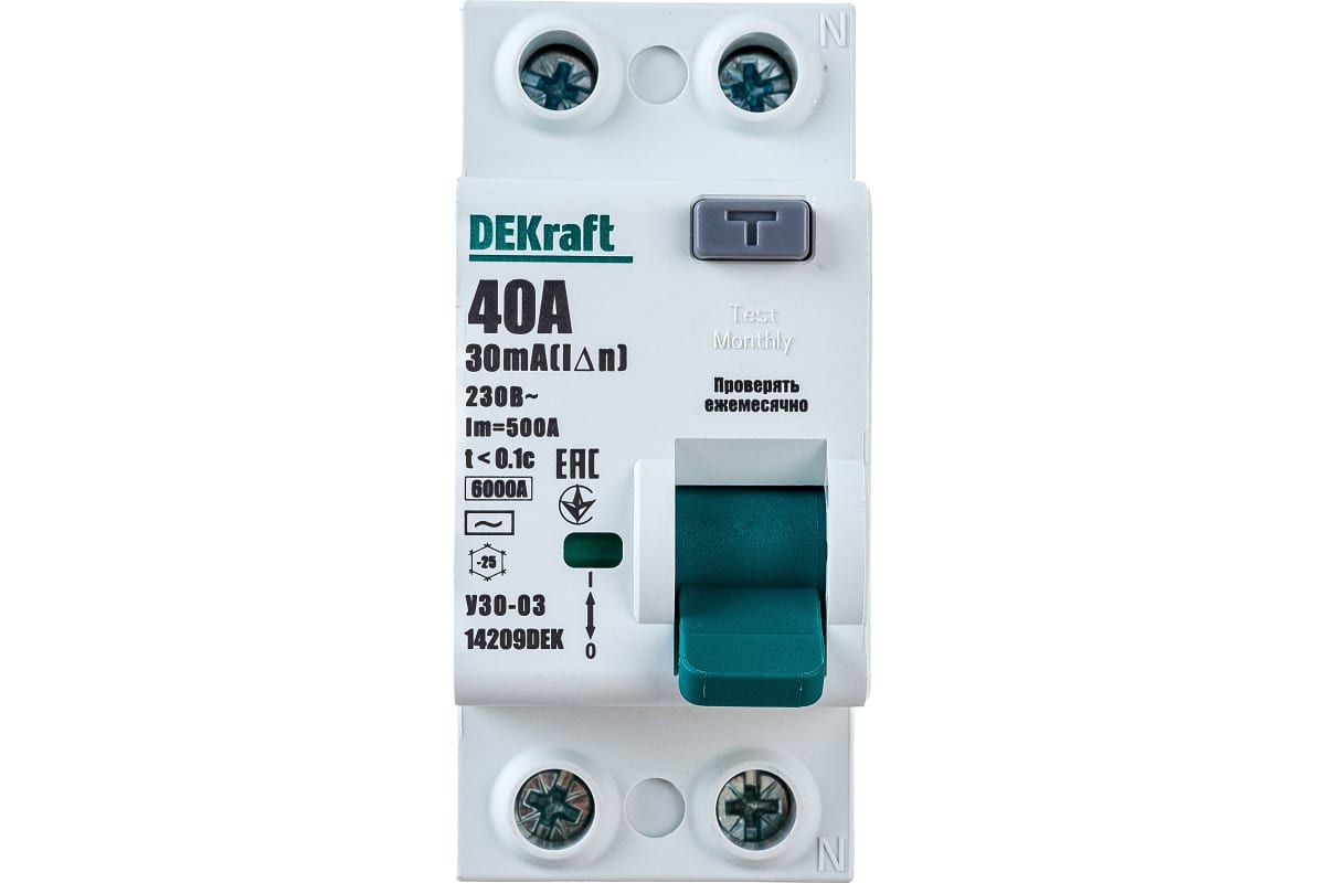 Выключатель Dekraft УЗО-03 дифференциальный, 2P, 40А, 6кА, 30мА, тип AC, 14209DEK
