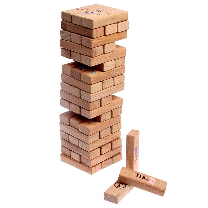 МЕГА ТОЙС Настольная игра дженга Башня с ребусами из 54 элементов в деревянном ящике