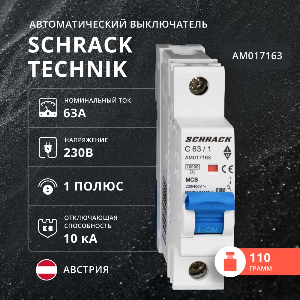 Автоматический выключатель Schrack 10кА, 1 полюс, C, 63A, AM017163