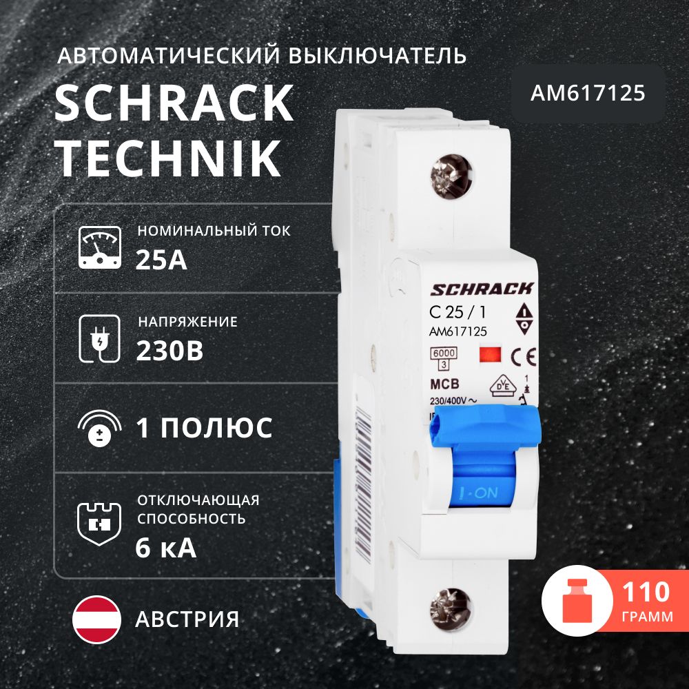 Автоматический выключатель Schrack 6кА, 1полюс, С, 25A, AM617125