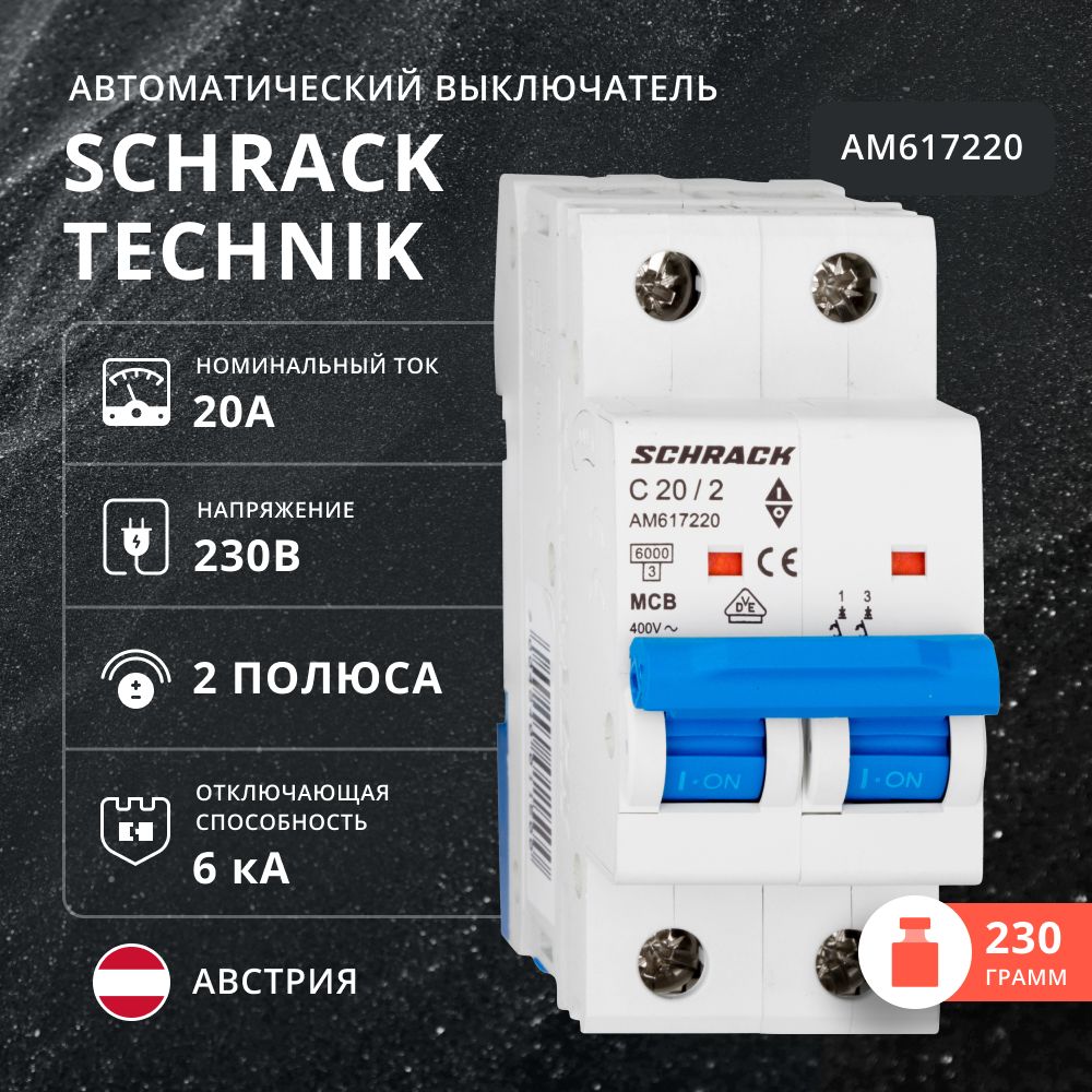 Автоматический выключатель Schrack 6кА 2 полюса С 20A AM617220 1349₽