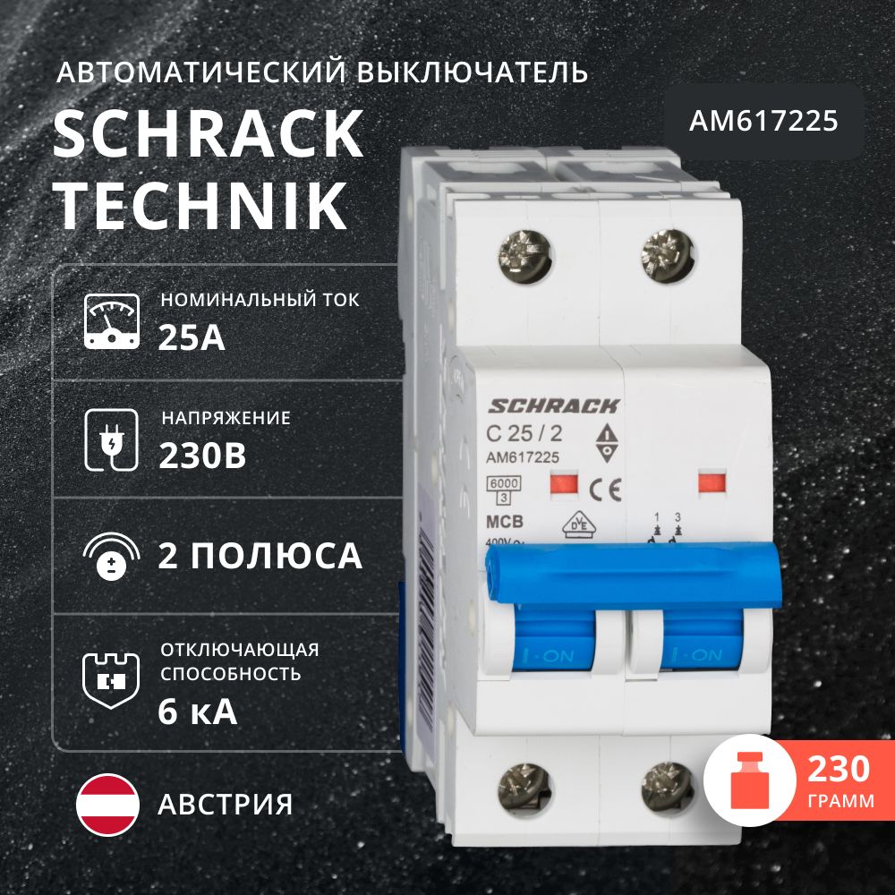 Автоматический выключатель Schrack 6кА, 2 полюса, С, 25A, AM617225