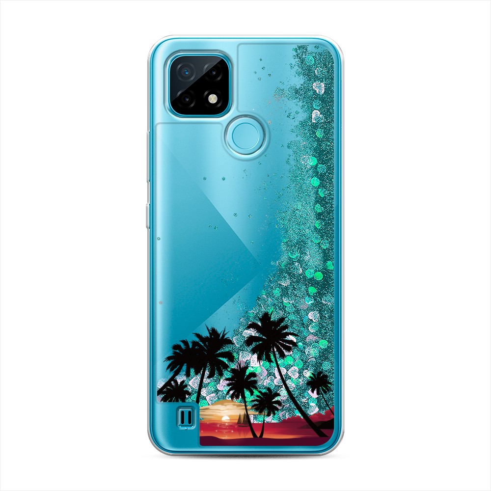 

Жидкий чехол с блестками "Закат и пальмы" на Realme C21