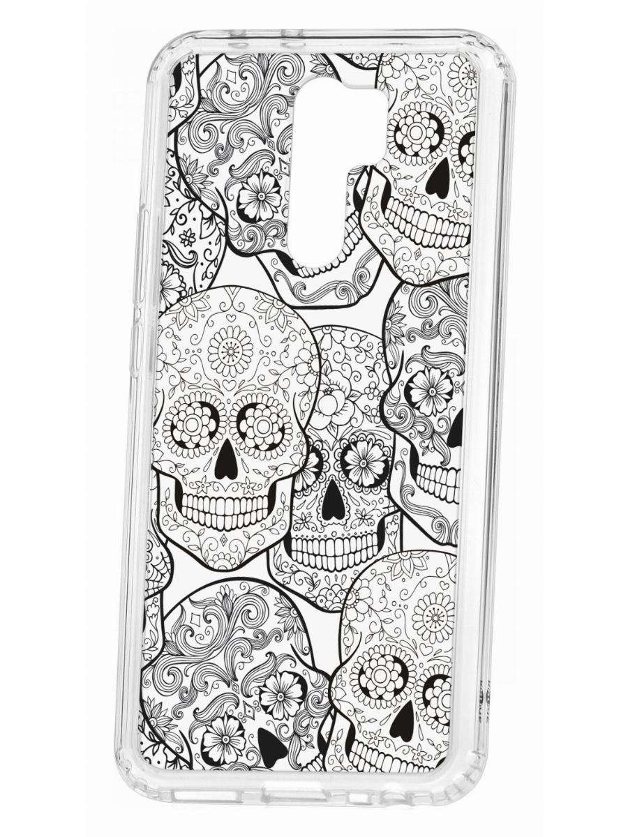Чехол на Redmi 9 с принтом Kruche Print Skull Black,противоударный бампер,с защитой камеры