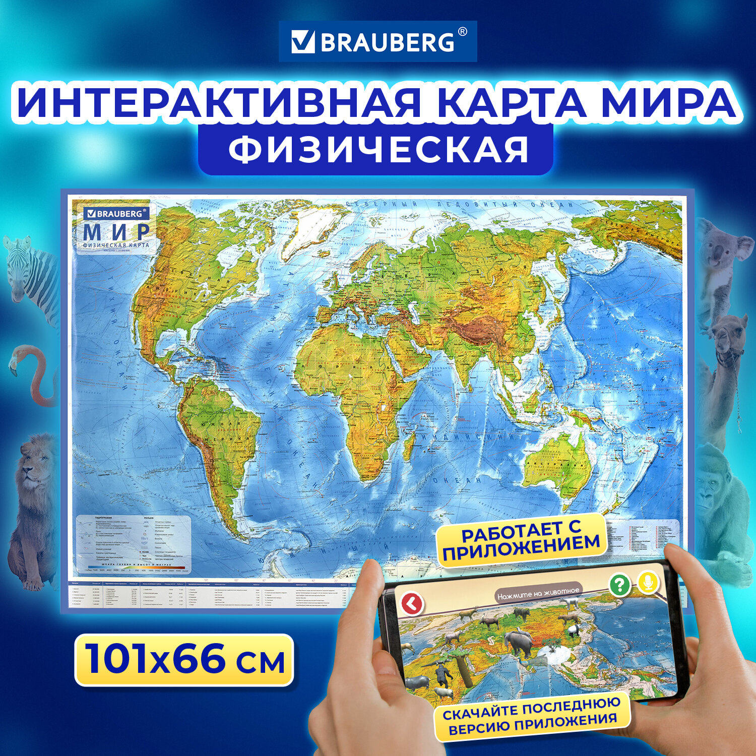 

Карта мира физическая 101х66 см 1:29М с ламинацией интерактивная в тубусе BRAUBERG 112378
