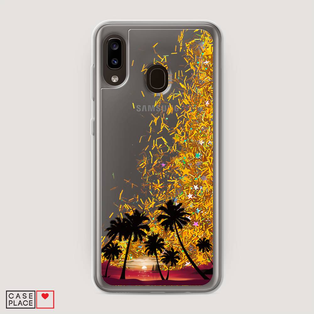 

Жидкий чехол с блестками "Закат и пальмы" на Samsung Galaxy A20, 27690-1