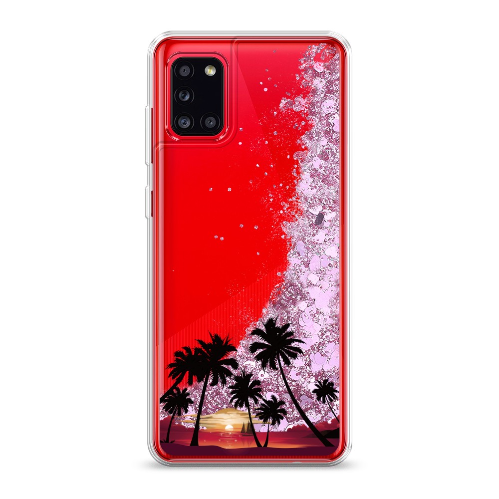 

Жидкий чехол с блестками "Закат и пальмы" на Samsung Galaxy A31