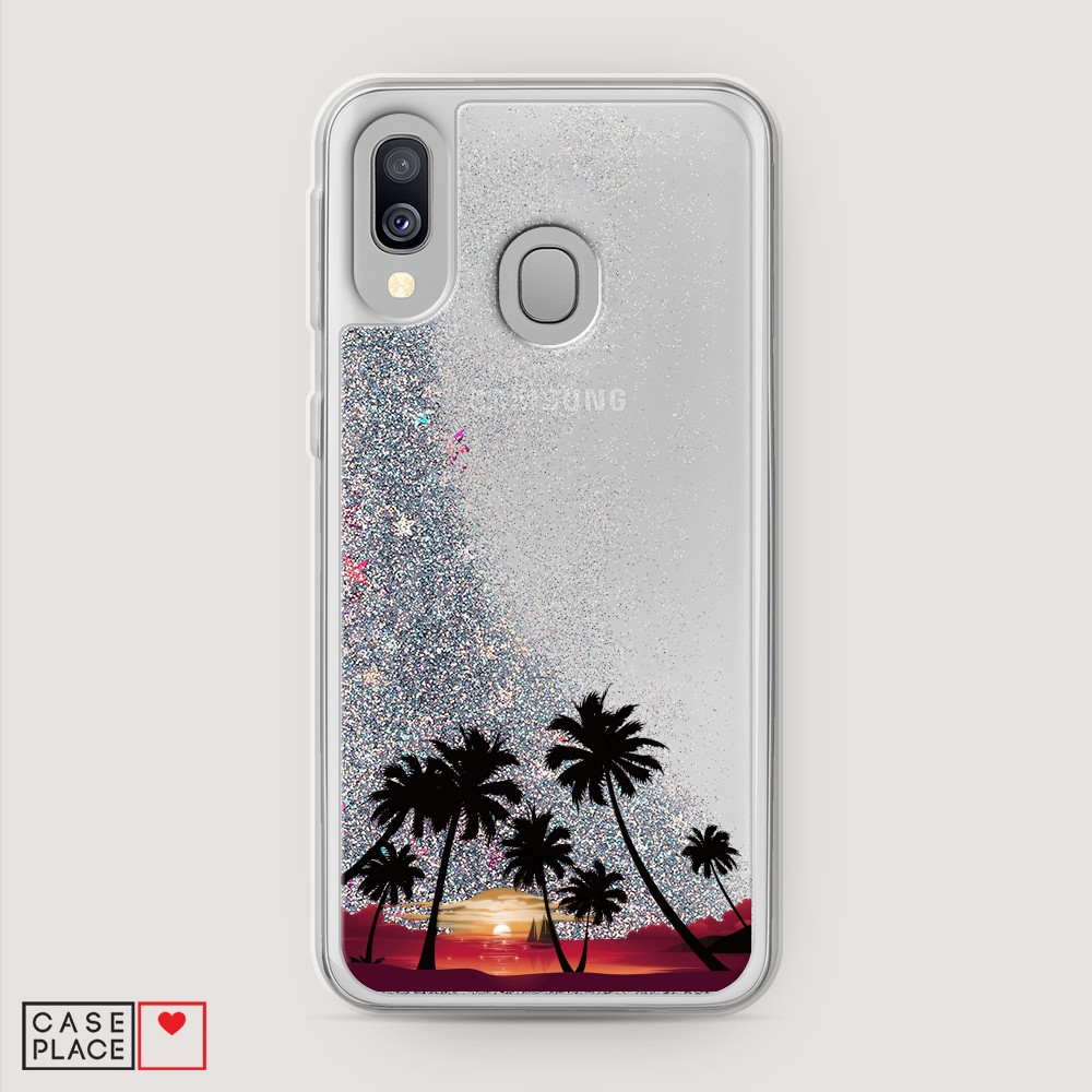 

Жидкий чехол с блестками "Закат и пальмы" на Samsung Galaxy A40