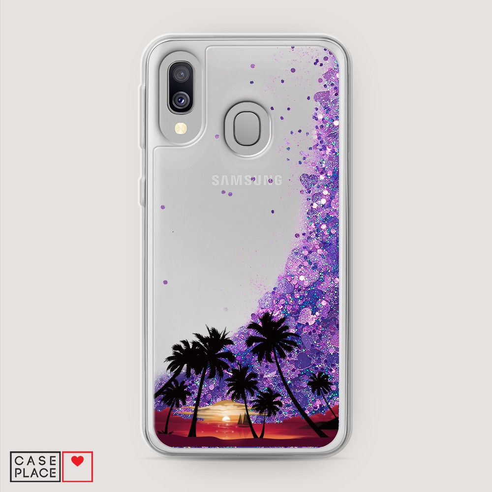 

Жидкий чехол с блестками "Закат и пальмы" на Samsung Galaxy A40