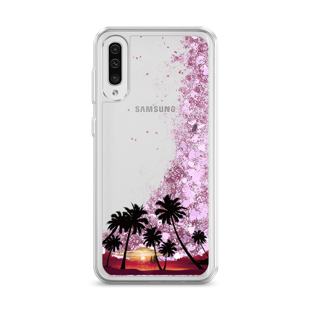 

Жидкий чехол с блестками "Закат и пальмы" на Samsung Galaxy A50