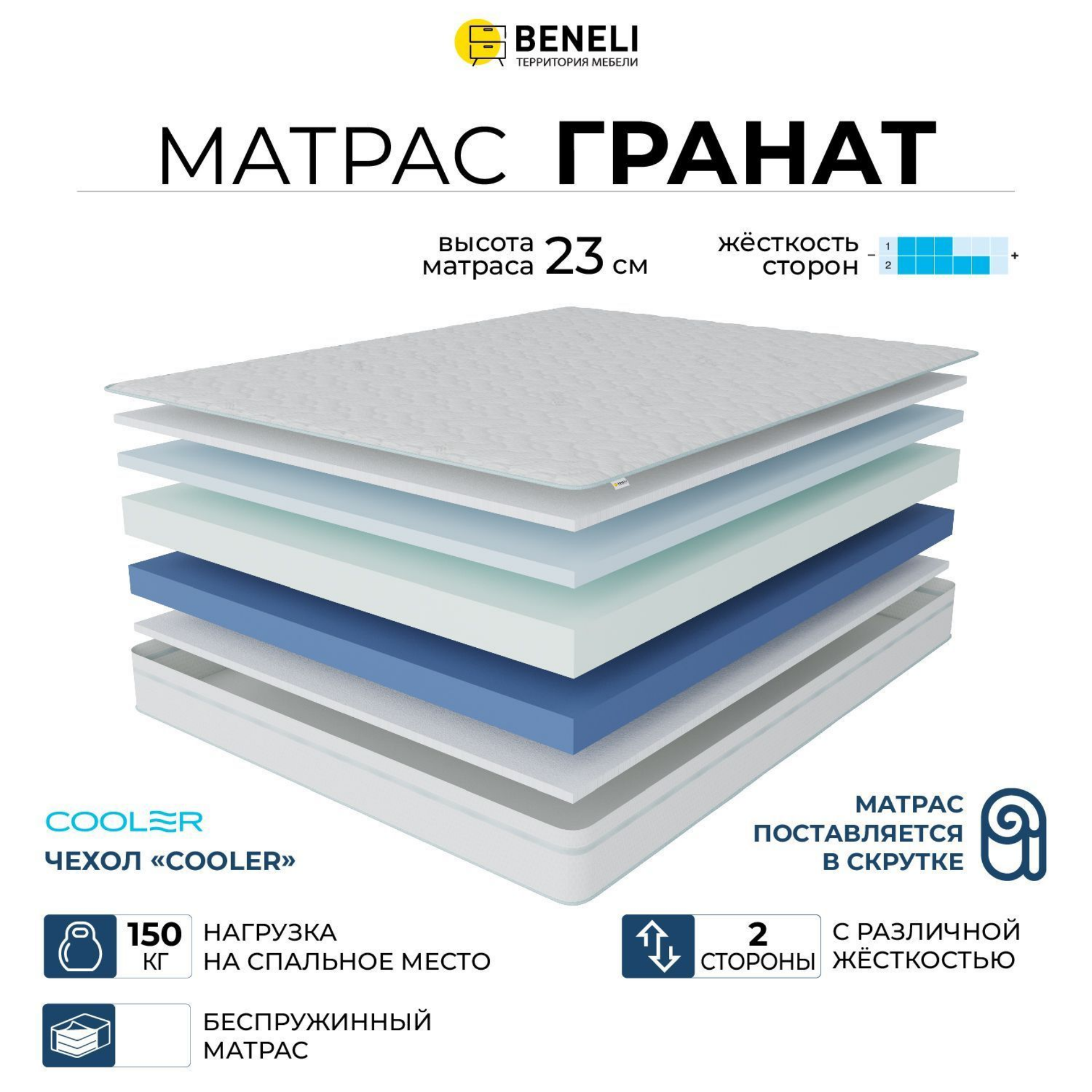 

Ортопедический матрас Beneli Гранат в чехле Кулер, скрутка, эффект памяти, 140х200, Белый, ГРАНАТ_COOLER_СКРУТКА