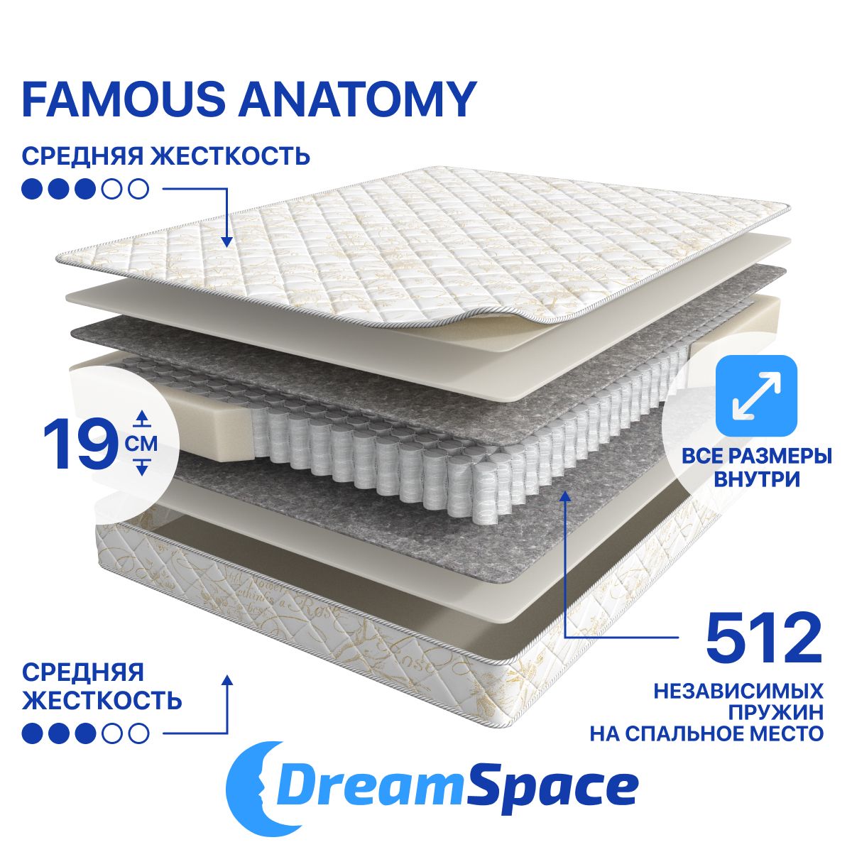 Матрас DreamSpace Famous Anatomy, Независимые пружины, 120х186 см