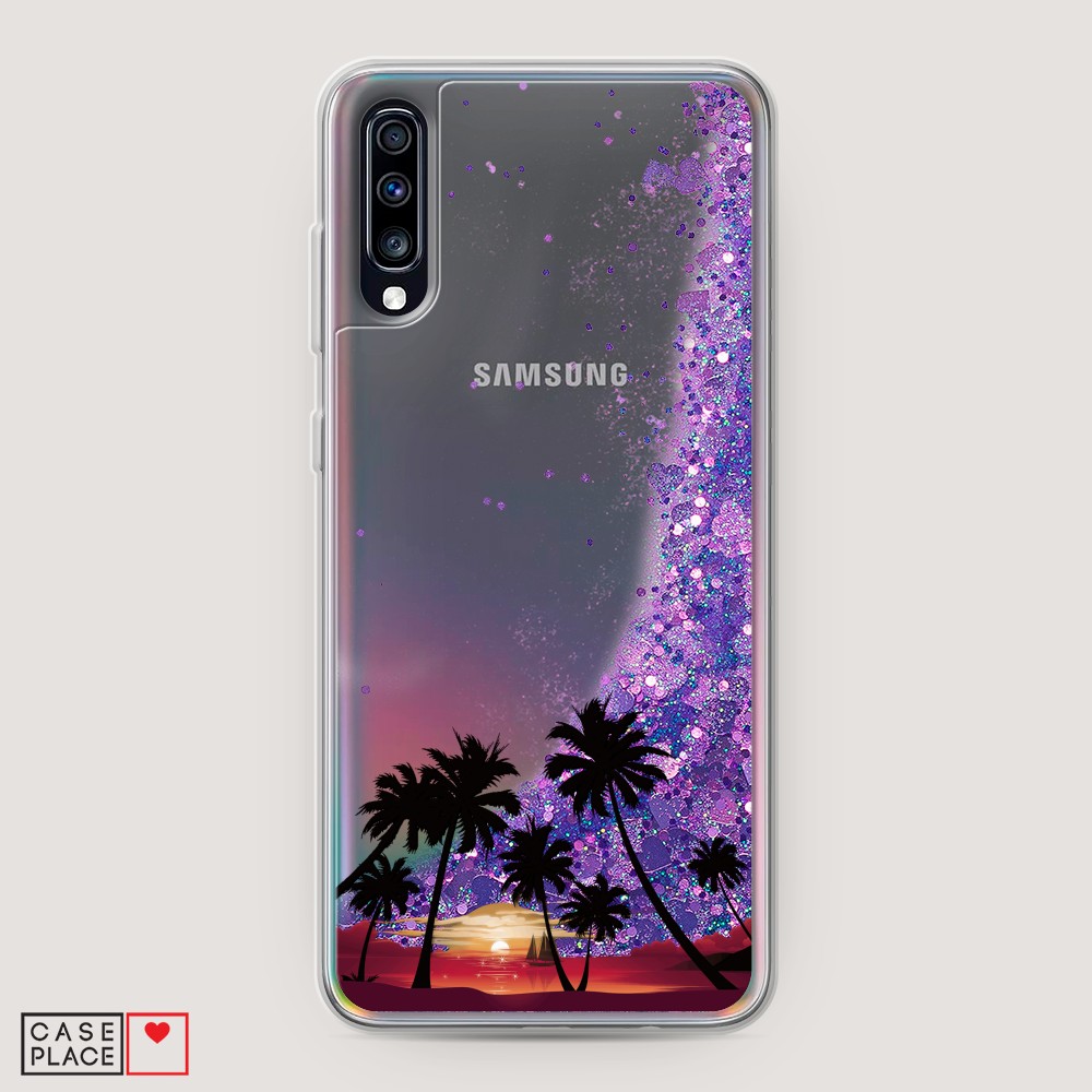 

Жидкий чехол с блестками "Закат и пальмы" на Samsung Galaxy A70, 28192-1