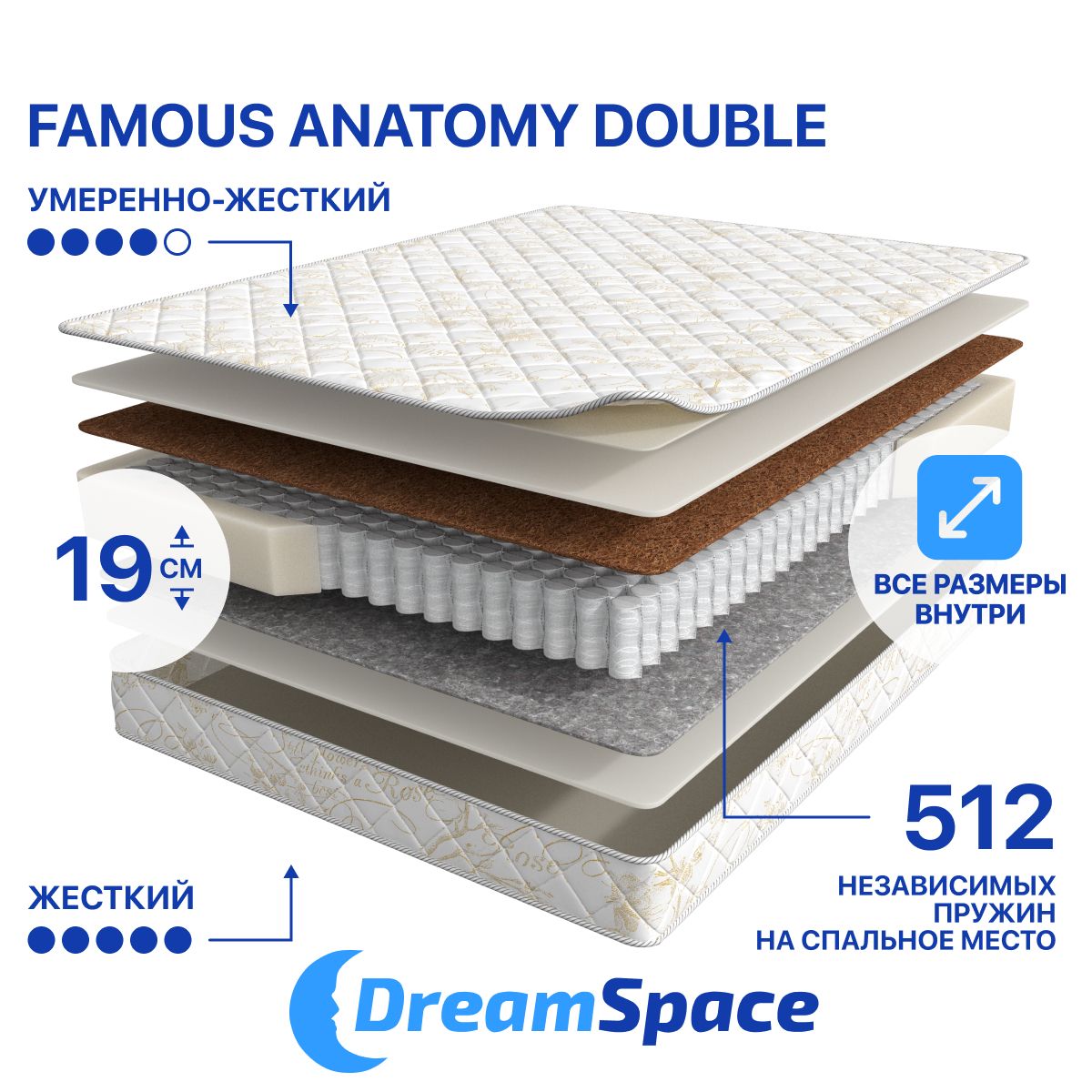 

Матрас DreamSpace Famous Anatomy Double, Независимые пружины, 200х186 см, Белый;серый, Famous Anatomy Double