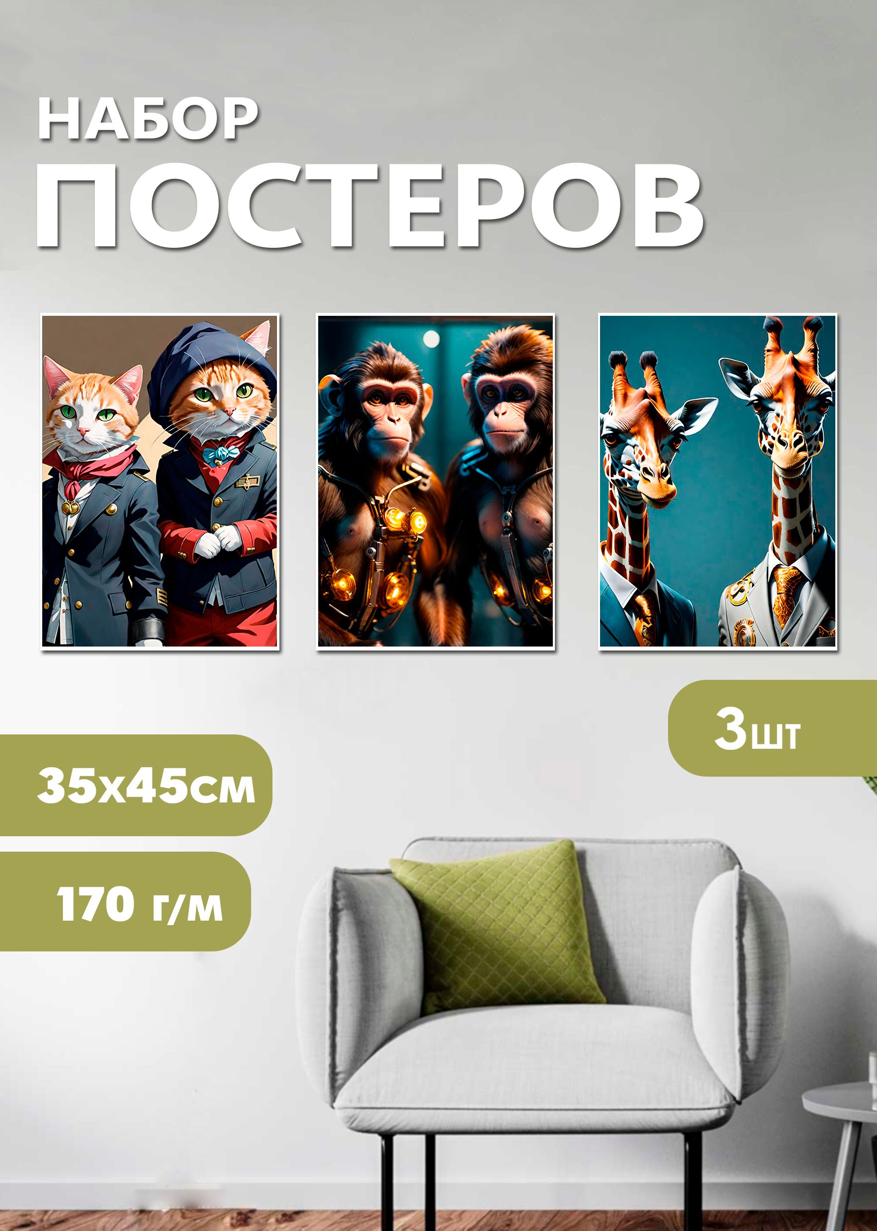 

Набор постеров ART&CRAFT 3 шт с принтом Животные в одежде, 32х45 см, набор постеров