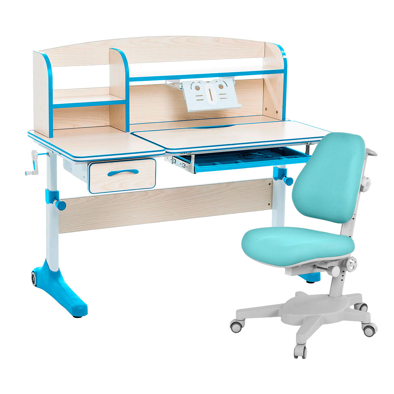фото Комплект anatomica smart-50 парта+кресло+надстройка+подставка клен/голубой armata