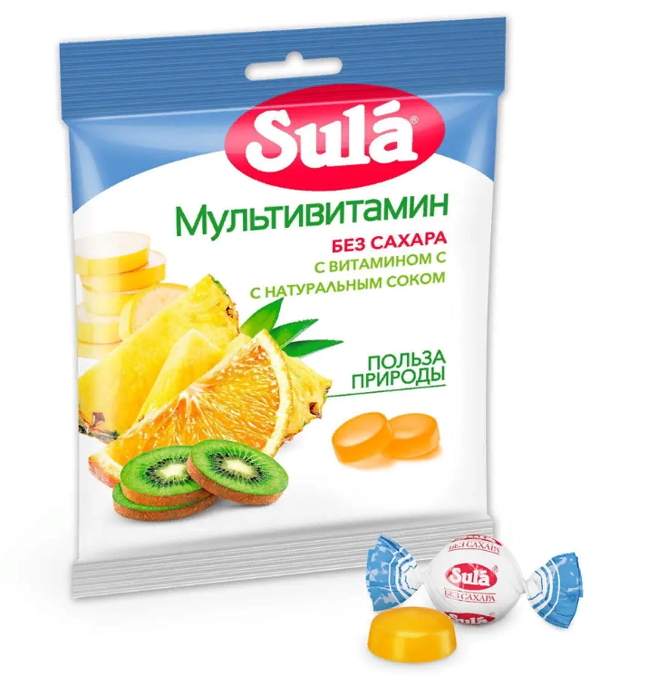 Карамель леденцовая SULA (Зула) Мультивитамин, без сахара с витамином С, 60 г, (2шт.)
