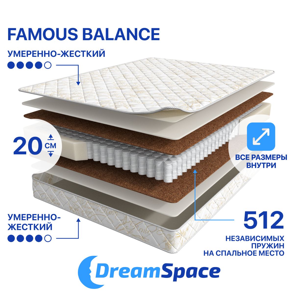 Матрас DreamSpace Famous Cloud, Независимые пружины, 120х186 см