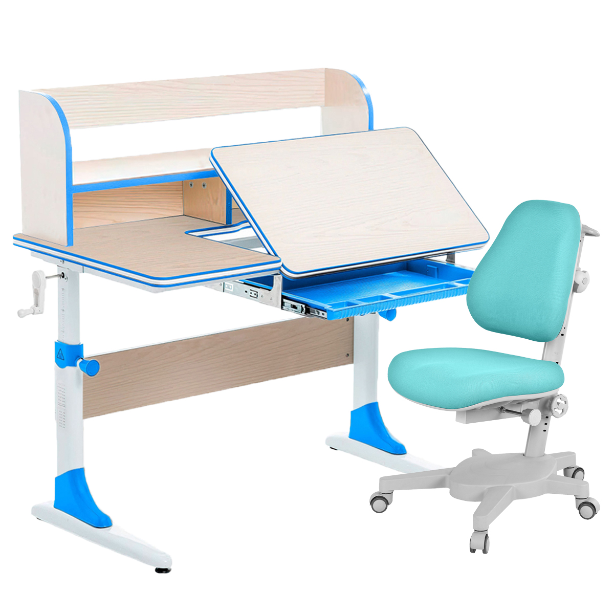 фото Комплект парта+кресло+органайзер anatomica smart-30 клен/голубой с голубым креслом armata