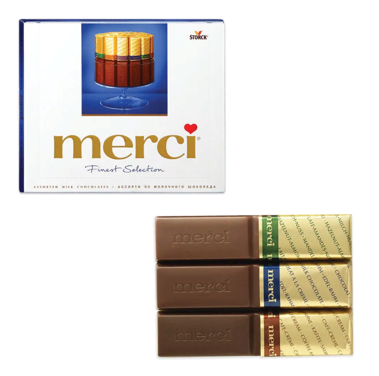 Конфеты шоколадные MERCI (Мерси), ассорти из молочного шоколада, 250 г