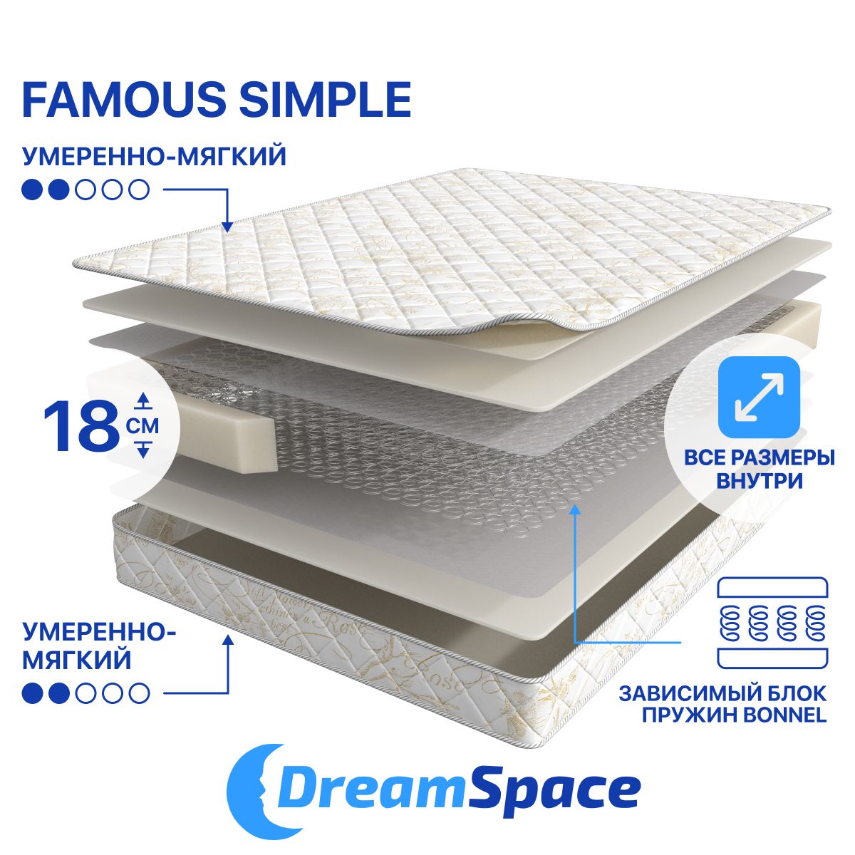 

Матрас DreamSpace Famous Simple, Зависимые пружины, 200х195 см, Белый;серый, Famous Simple