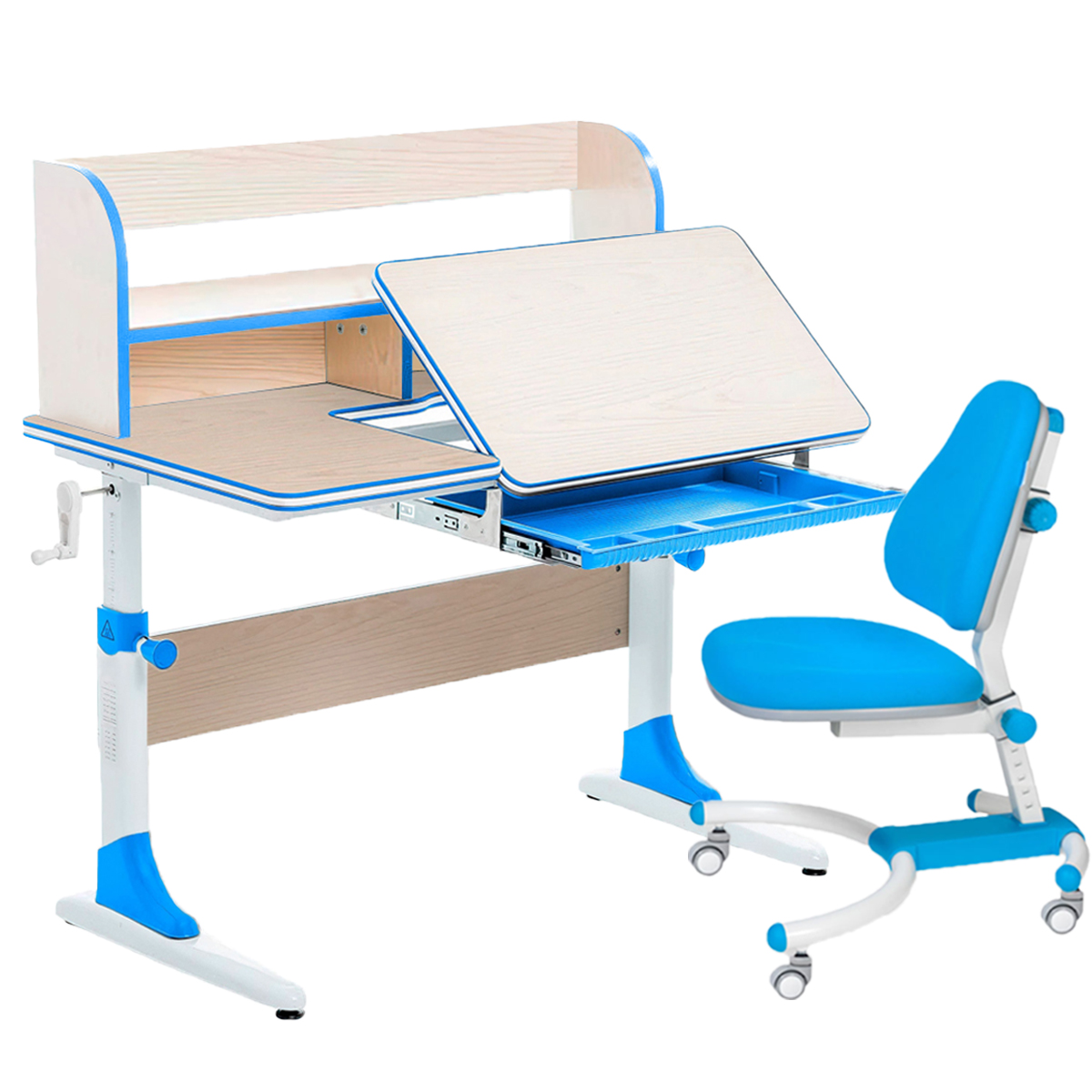 фото Комплект парта+кресло+органайзер anatomica smart-30 клен/голубой с голубым креслом k639