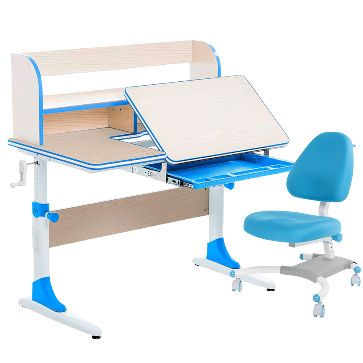 фото Комплект парта+кресло+органайзер anatomica smart-30 клен/голубой с голубым креслом figra