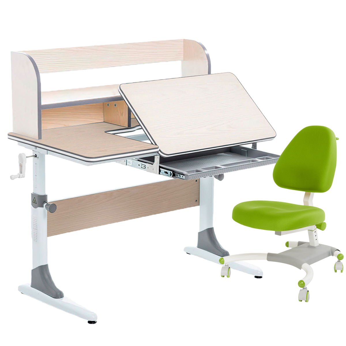 фото Комплект парта+кресло+органайзер anatomica smart-30 клен/серый с зеленым креслом figra