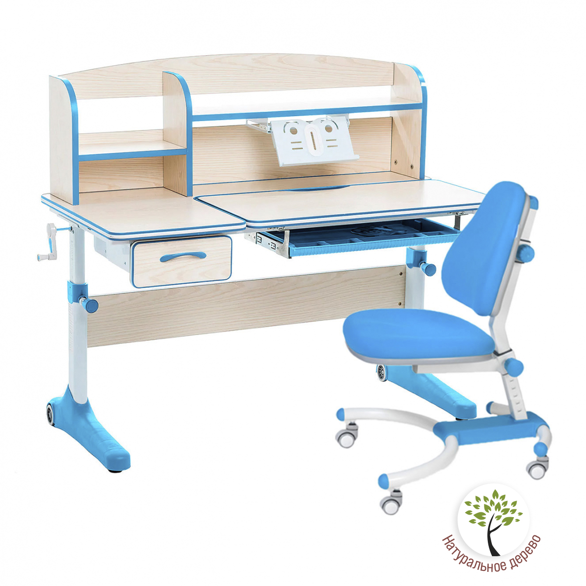 фото Комплект anatomica smart-50 парта+кресло+надстройка+подставка клен/голубой с голубым k639