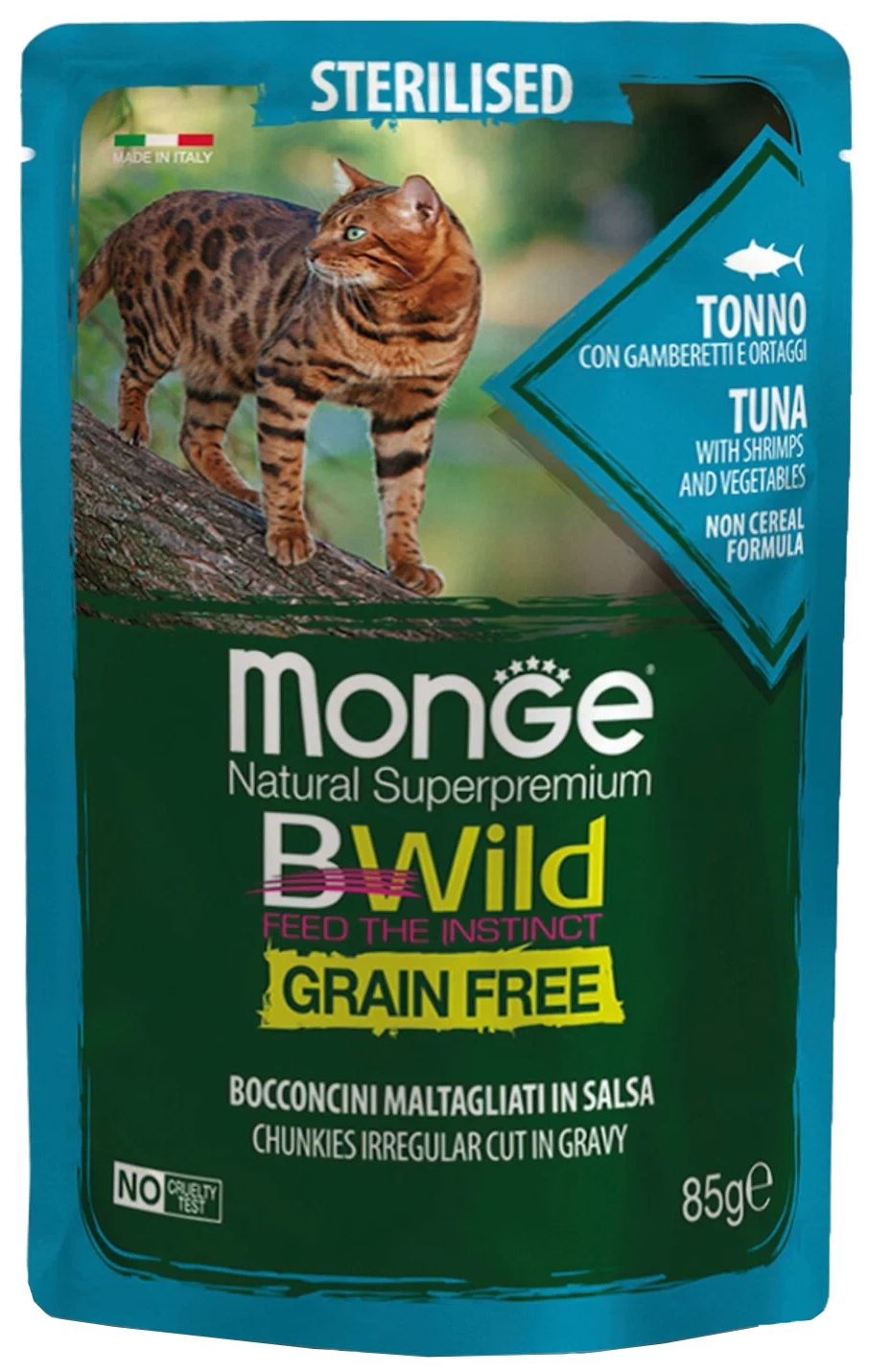 

Влажный корм для кошек Monge, тунец с креветками и овощами, 85 г, Bwild Grain free Sterilised