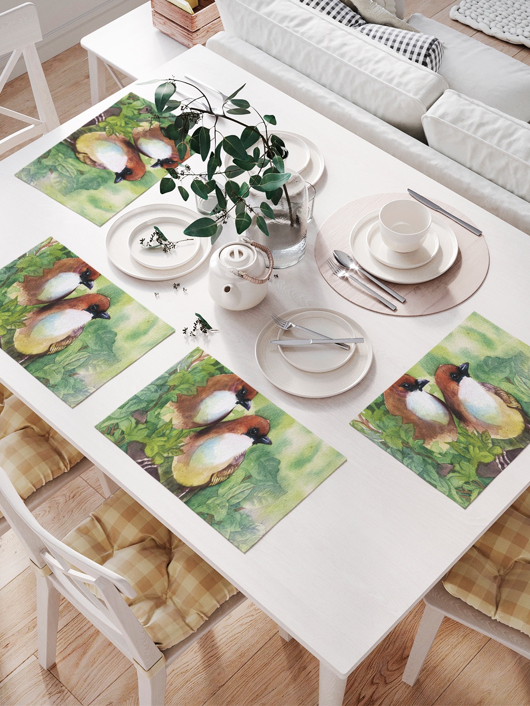 

Комплект салфеток для сервировки стола «Птицы на ветке» (32х46 см, 4 шт.), Зеленый;коричневый;серый