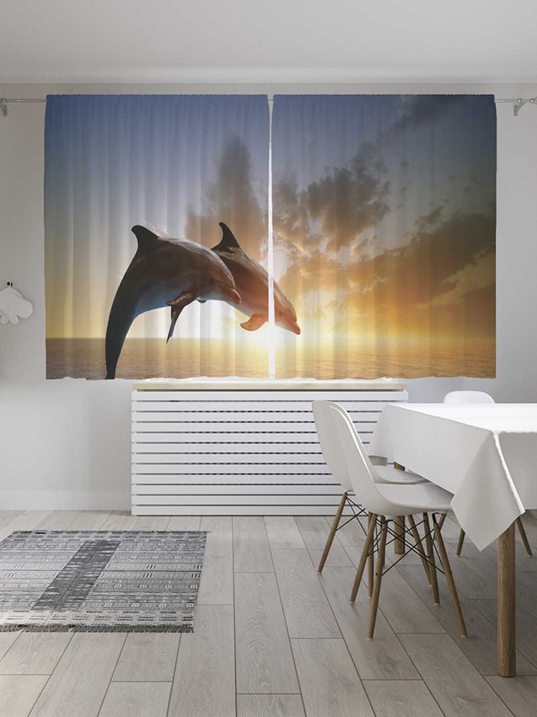 

Классические шторы JoyArty "Дельфины на закате", серия Oxford DeLux, 2 полотна 145x180 см, Дельфины на закате