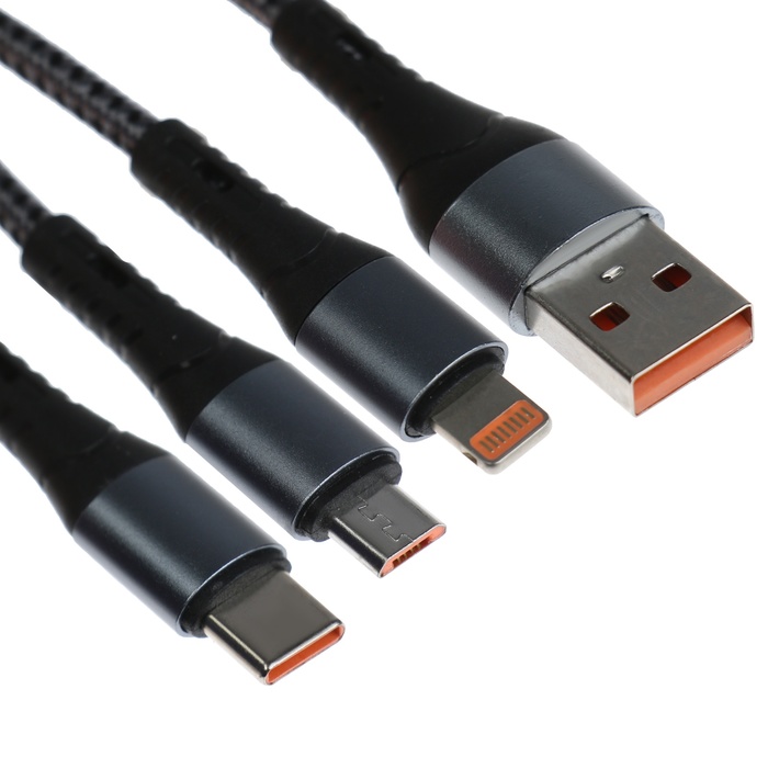 Кабель 3 в 1, MicroUSB/Type-C/Lightning - USB, 3 А, 1.25 метра, серый